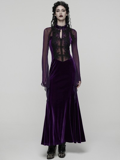 Punk Rave Violet Sexy Gothic Vintage Mesh Spliced Velvet Maxi Dress