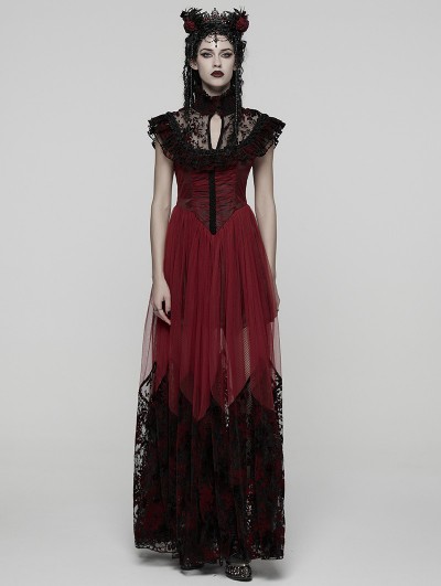 Punk Rave Red and Black Gothic Flocking Mesh Spliced Flutter Sleeve Long Party Dress