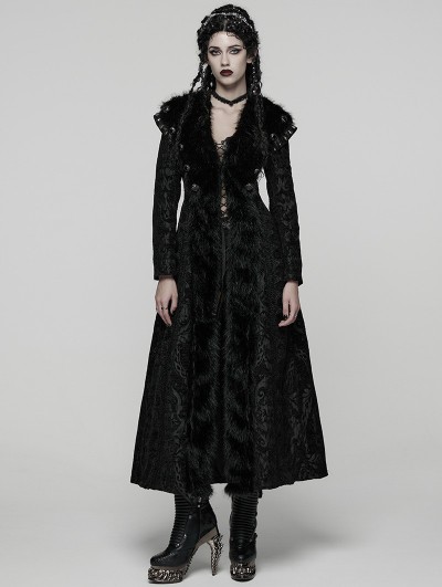 Punk Rave Black Retro Gothic Plush Trim Jacquard Long Winter Coat for Women