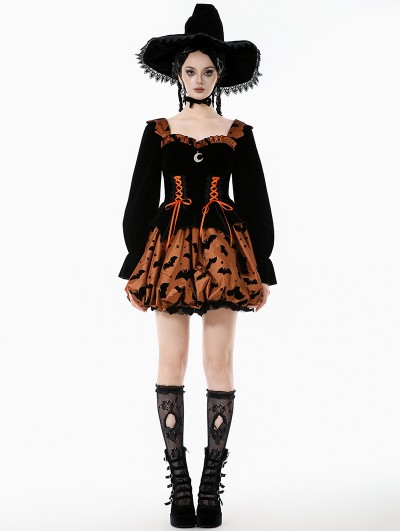 Dark in love Brown and Black Gothic Midnight Bat Pumpkin Halloween Short Dress