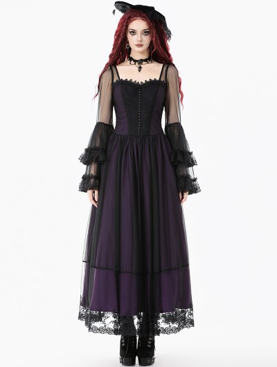 Dark in love Black and Royal Violet Vintage Gothic Sheer Mesh Long Dress