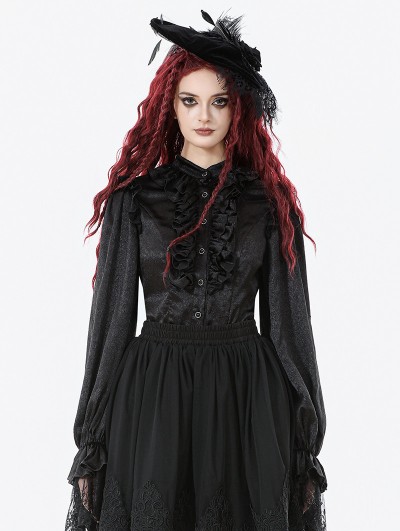 Dark in love Black Ruffle Gothic Lantern Sleeve Blouse for Women
