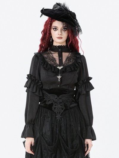 Dark in love Black Gothic Ruffled Lace Illusion Neck Blouse for Women