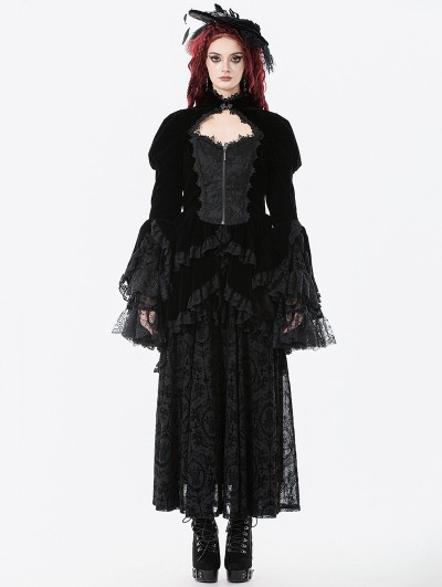 Dark in love Black Retro Gothic Lace Velvet Tiered High Low Jacket for Women