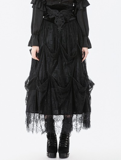 Dark in love Black Vintage Gothic Embroidered Layered High-Waist Long Skirt