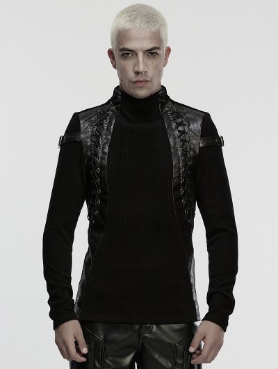 Punk Rave Black Gothic Punk Eyelet Drawstring Handsome T-Shirt for Men
