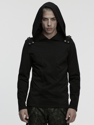 Punk Rave Black Gothic Cyberpunk Hooded T-Shirt for Men