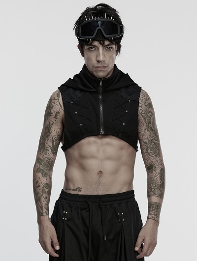 Punk Rave Black Gothic Cyberpunk Short Hooded Vest for Men
