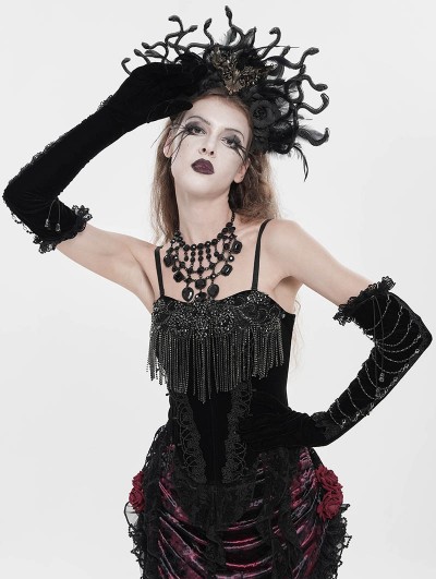 Eva Lady Black Retro Gothic Floral Beaded Tassel Velvet Corset Top