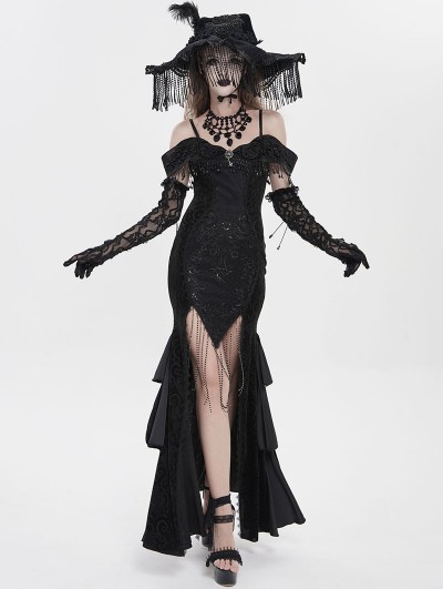 Eva Lady Black Gothic Sexy Off-the-Shoulder Velvet Slit Fishtail Dress