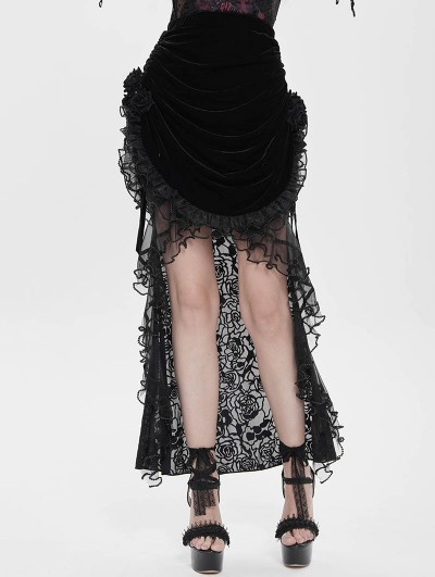 Eva Lady Black Gothic Rose Mesh Velvet High-Low Fishtail Skirt