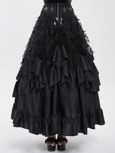 Eva Lady Black Gothic Rose High Waist Layered Ruffle Maxi Skirt
