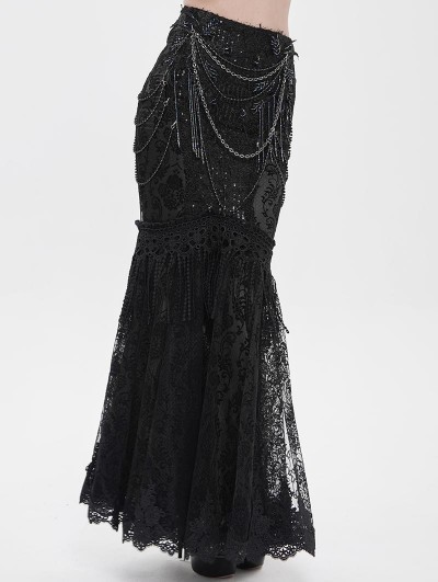 Eva Lady Black Gothic Floral Lace Embroidered Tasseled Fishtail Skirt