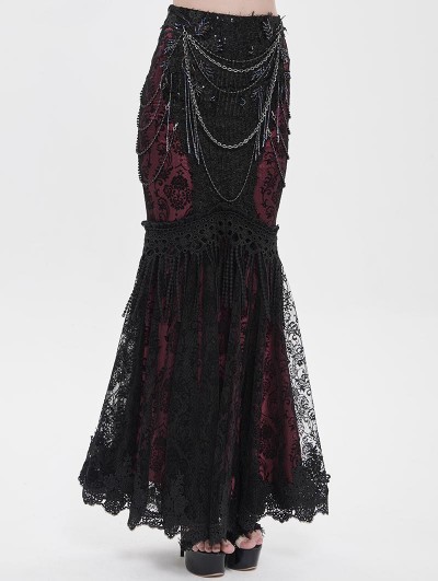 Eva Lady Black and Red Gothic Floral Lace Embroidered Tasseled Fishtail Skirt
