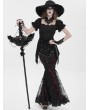 Eva Lady Black and Red Gothic Floral Lace Embroidered Tasseled Fishtail Skirt