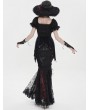 Eva Lady Black and Red Gothic Floral Lace Embroidered Tasseled Fishtail Skirt