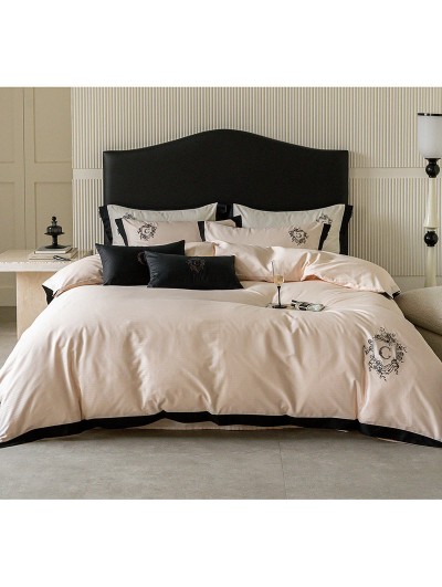 Pink and Black Vintage Floral Embroidered Comforter Set