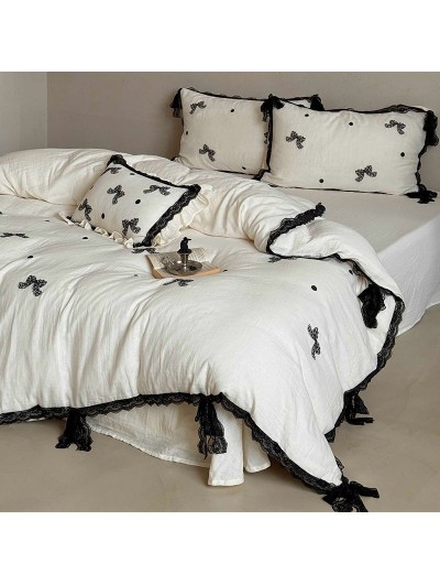 Beige Princess Style Embroidered Lace Bow Bedding Set