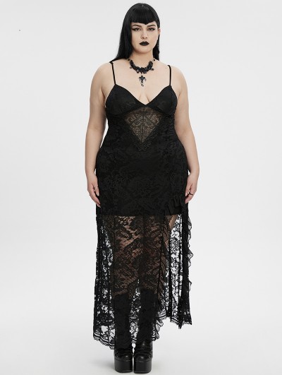 Punk Rave Black Sexy Gothic Lace Deep V-Neck High Slit Plus Size Long Dress