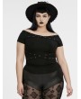 Punk Rave Black Gothic Punk Off-Shoulder Knitted Plus Size T-Shirt for Women
