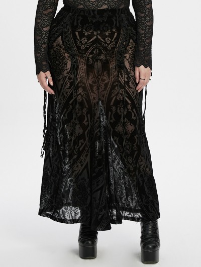 Punk Rave Black Gothic Gorgeous Pattern Flocked Mesh Plus Size Maxi Skirt