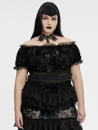 Punk Rave Black Gothic Sexy Flocking Mesh Lace Trim Plus Size Short Top for Women