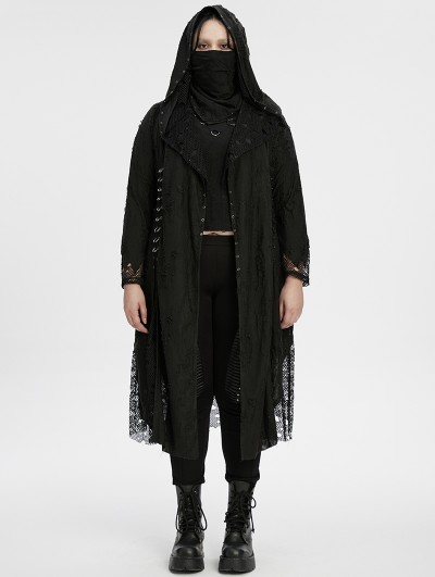 Punk Rave Black Gothic Decadent Asymmetric Knitted Hooded Plus Size Trench Coat for Women