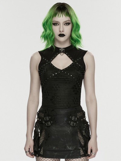 Punk Rave Black Gothic Punk Hollow Out Studded Vest Top for Women