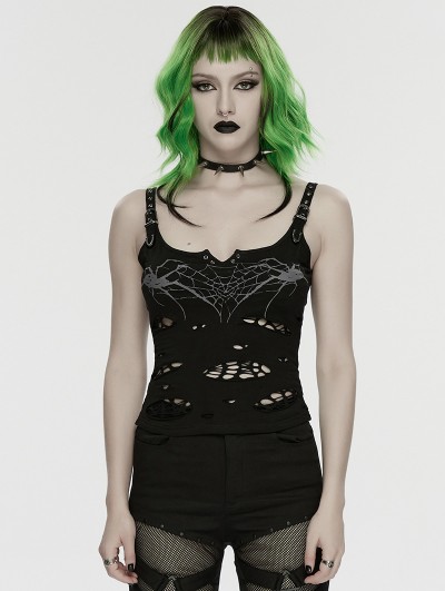 Punk Rave Black Gothic Punk Punk Spider Tattered Vest Top for Women
