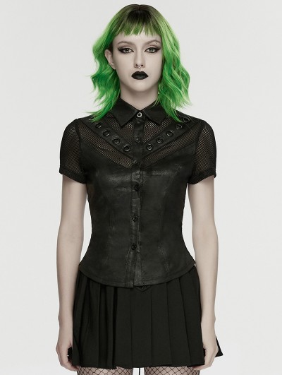 Punk Rave Black Gothic Punk Personality Mesh Spliced Short Sleeve Shirt for Women