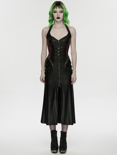 Punk Rave Black and Red Gothic Cyberpunk Zipper Split Halter Long Dress
