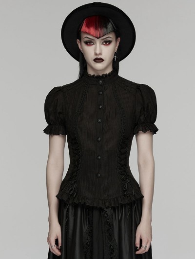 Punk Rave Black Gothic Textured Classical Ruffle Short Sleeve Shirt for Women
