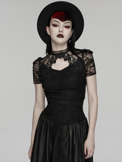 Punk Rave Black Gothic Lace Short Puff Sleeve Shirt for Women
