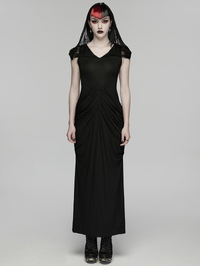 Punk Rave Black Elegant Gothic Nun Hooded Cape Fishtail Long Dress