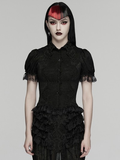 Punk Rave Black Retro Gothic Short Sleeve Lace Shirt for Women