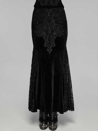 Punk Rave Black Gothic Sequin Embroidered Lace Velvet Fishtail Skirt