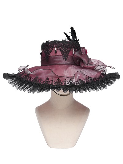 Devil Fashion Gothic Red Rose Lace Feathered Victorian Hat