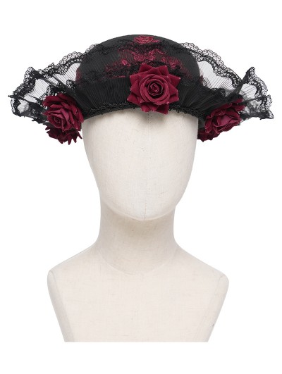 Devil Fashion Black and Red Gothic Rose Lace Applique Hat