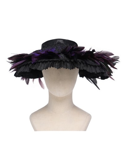 Devil Fashion Black and Purple Gothic Lace Feather Victorian Hat