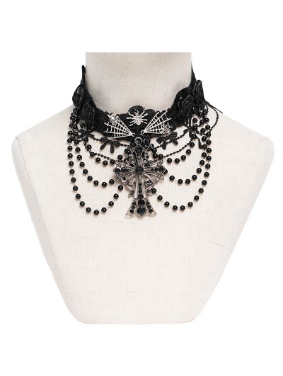 Devil Fashion Black Gothic Rose Cross Beaded Chain Choker Necklace