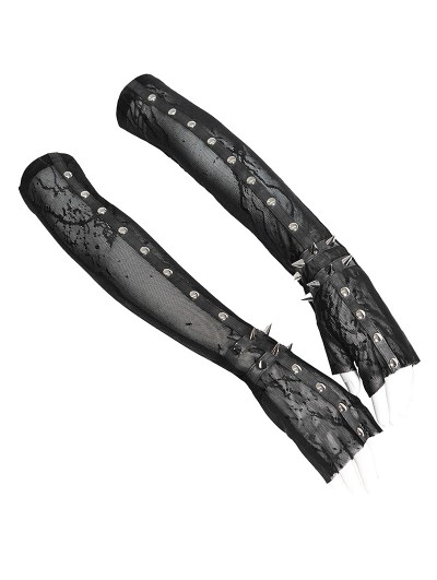 Devil Fashion Black Gothic Punk Spike Studded Mesh Long Gloves