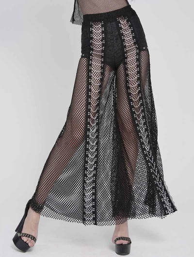 Devil Fashion Black Gothic Punk Chained Mesh Perspective Pants for Women