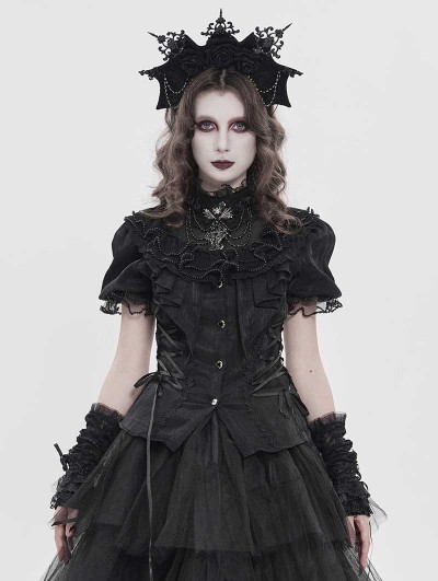 Devil Fashion Black Retro Gothic Ruffles Lace Beaded Short Sleeve Shirt for Women