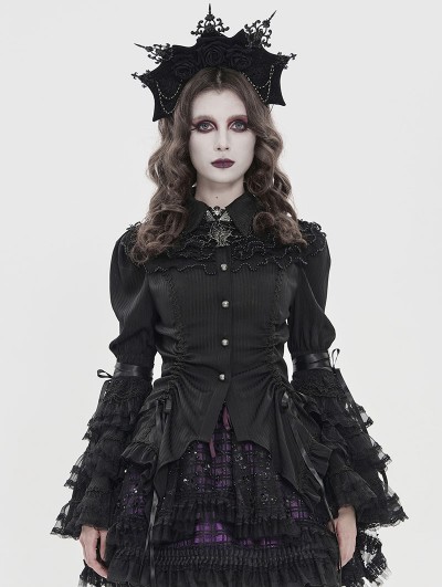 Devil Fashion Black Retro Gothic Long Flared Sleeve Beaded Ruffle Shirt for Women
