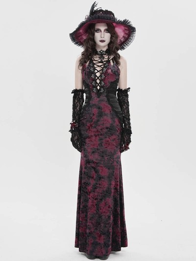 Devil Fashion Black and Red Retro Sexy Gothic Plunging Strappy Velvet Long Fishtail Dress
