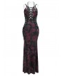 Devil Fashion Black and Red Retro Sexy Gothic Plunging Strappy Velvet Long Fishtail Dress