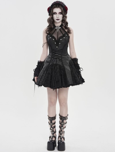 Devil Fashion Black Gothic Mesh Spliced Halter Short Party Dress