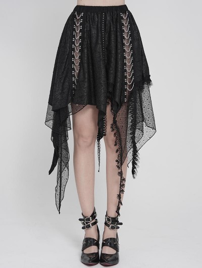 Devil Fashion Black Gothic Punk Chained Slit Irregular Ruffle Skirt