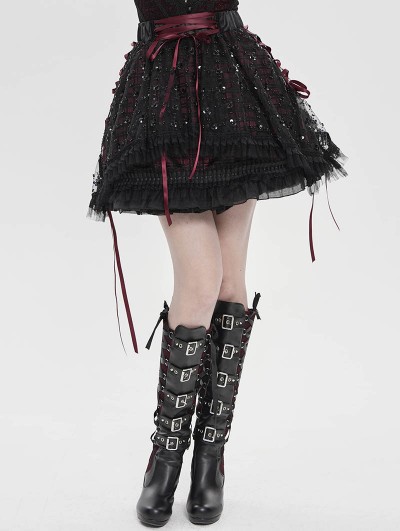 Devil Fashion Black Gothic Red Ribbon Lace-Up Sequin Beaded Short Skirt