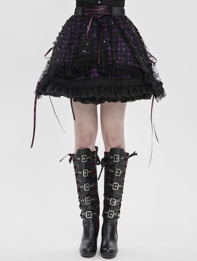 Devil Fashion Black Gothic Purple Ribbon Lace-Up Sequin Beaded Short Skirt